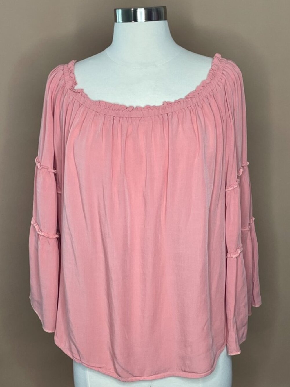 Pink Orange Boho Peasant Top XL Off Shoulder Bell Sleeve Blouse
